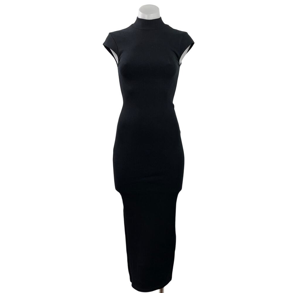 Zara Women's Black Ribbed Knit Mock Neck Short Cap Sleeve Midi Bodycon Dress S